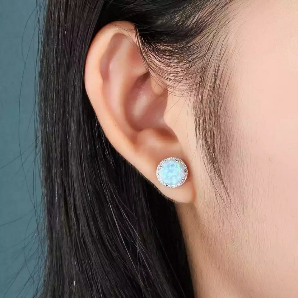 925 Sterling Silver Blue Opal Diamond Halo Stud Earrings - Picture 3 of 7